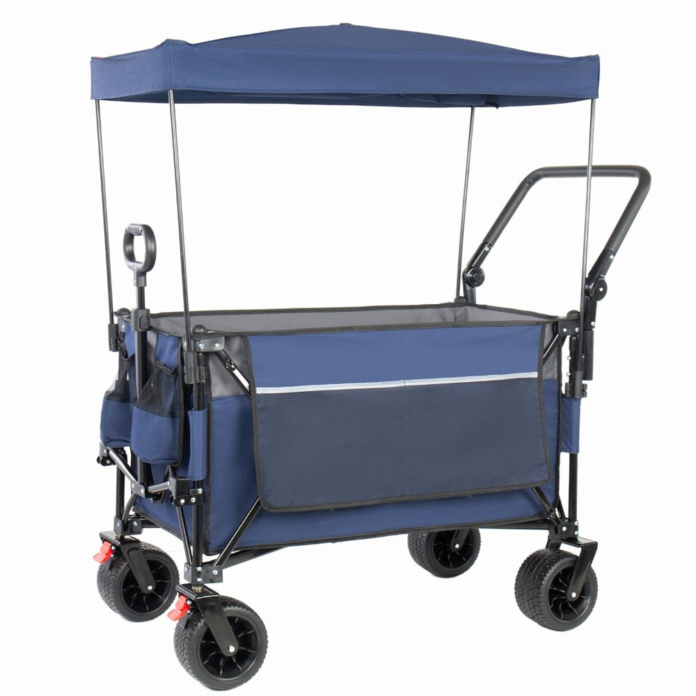 English Elm Multi-functional Heavy Duty Folding Wagon with Canopy Steel Frame All Terrain Wheels Blue Gray W2932P417648