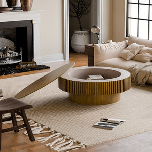 English Elm 39.37'' Fluted Drum Round Coffee Table Lift Top Hidden Storage Wood Veneer Modern W1435P409016