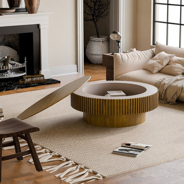 English Elm 39.37'' Fluted Drum Round Coffee Table Lift Top Hidden Storage Wood Veneer Modern W1435P409016