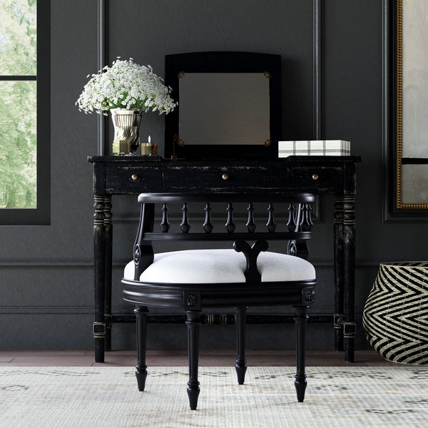 Butler Specialty Hathaway Elegant Oval Upholstered Vanity Seat With Carved Wood Back For Stylish Dressing Rooms Black Foam,Mdf,Poplar Hardwood Solids,Cotton Fabric 1218111-butler