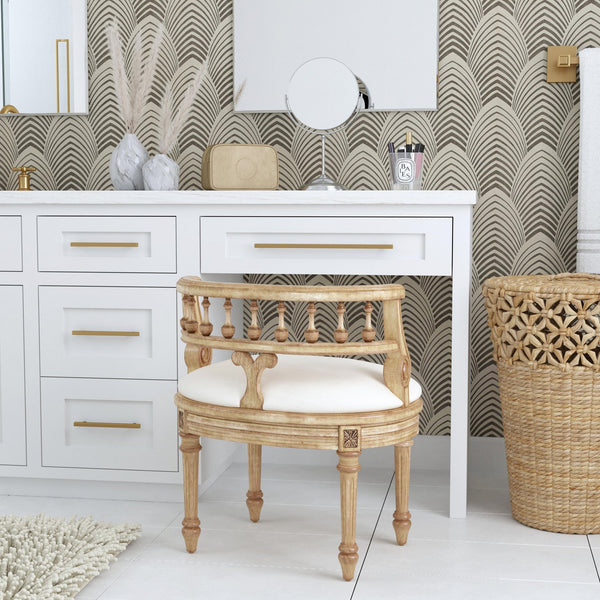 Butler Specialty Hathaway Elegant Oval Upholstered Vanity Seat With Carved Wood Back For Stylish Dressing Rooms Beige Foam,Mdf,Poplar Hardwood Solids,Cotton Fabric 1218424-butler