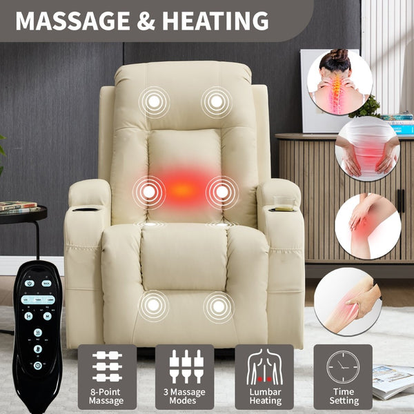 English Elm Beige Pu Leather Power Lift Recliner with Massage Lumbar Heat and Usb Charging Beige W1803S00085