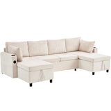 English Elm 111.8" Sectional Sofa Pull-Out Sofa Bed Versatile Sofa Sleeper With Large Storage Space, Two Usb Ports and Two Cup Holders For Living Room, Beige