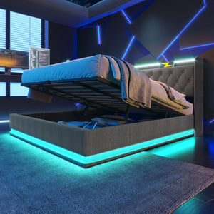 English Elm King Upholstered Bed with Surround LED, App/Remote Control, Hydraulic Storage, USB Type-C Charging Gray N736P188808G