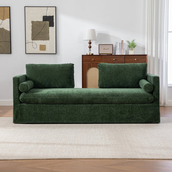 English Elm 82.68" Wide Chenille Two Seat Sofa Solid Wood Frame with Lumbar Pillows Living Room Green W3189S00026