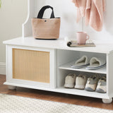 English Elm Clothes Hanger Hall Tree Storage Bench Shoe Rack For Entryway, Hall Tree With Bench and Shoe Storage, Hall Tree Entryway Bench With Rattan Door White, 40.16"W*18.58"D*64.17"H