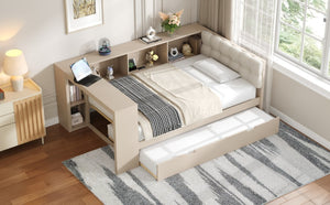 English Elm Wood Twin Platform Bed Linen Headboard Storage Shelves Trundle Charging Station Cream N709P004023C