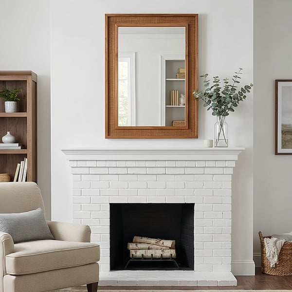 English Elm Natural Rattan Wrapped Solid Wood Rectangular Mirror Handcrafted Farmhouse Bathroom Entryway Yellowish-Brown W2203P436619