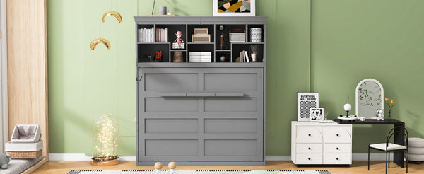 English Elm Queen Murphy Wall Bed Cabinet with Integrated Shelves Usb Charging Space Saving Design Gray LP006668AAE-1