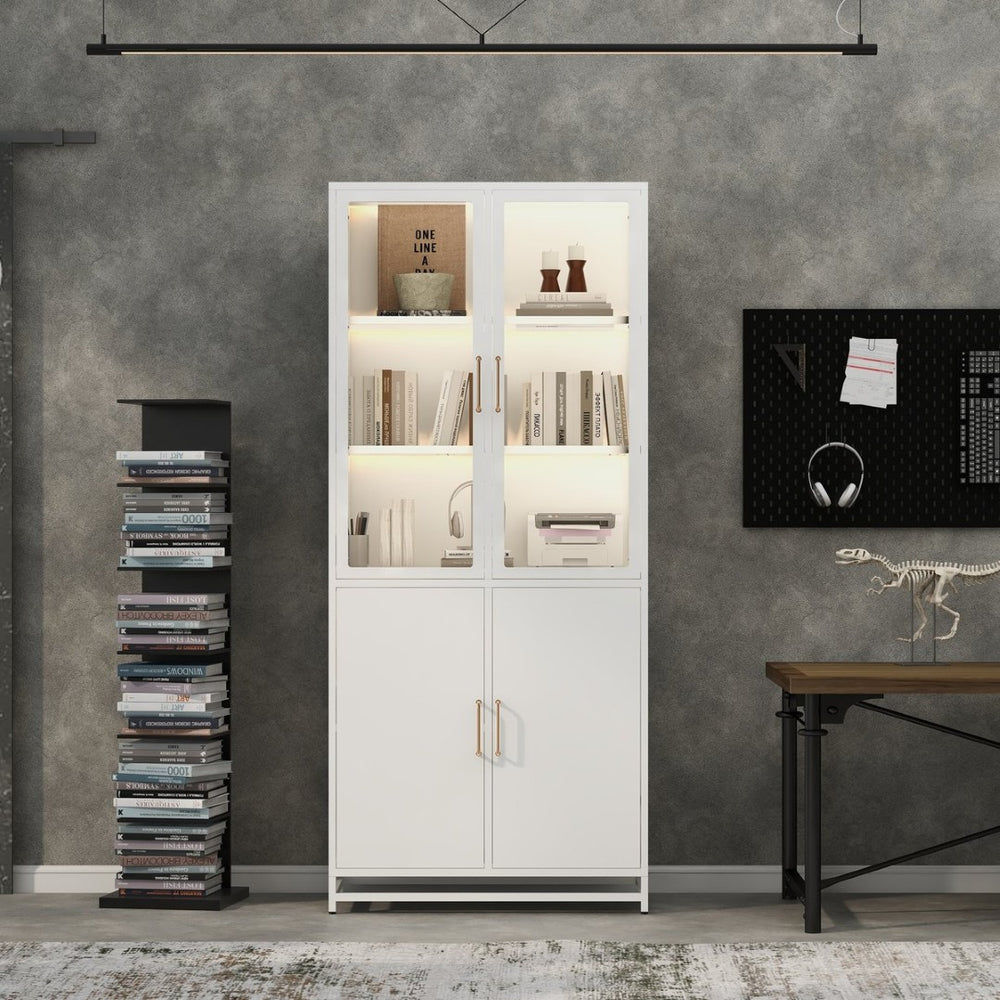 English Elm 76.75'' Steel Curio Cabinet with Led Lights Tempered Glass Doors Vintage Brass Handles SN845P282833W_R