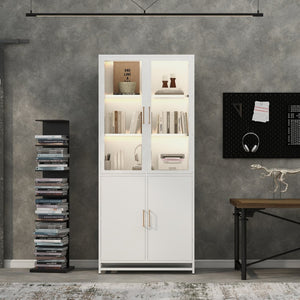 English Elm 76.75'' Steel Curio Cabinet with Led Lights Tempered Glass Doors Vintage Brass Handles SN845P282833W_R