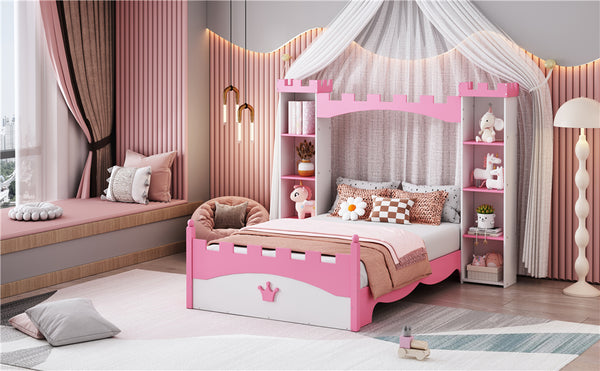 English Elm Castle-Shaped Twin Bed with Crown Footboard and Built-In Shelves, Sturdy MDF/Pine Frame for Kids White+Pink 82 L x 14.25 W x 6.75 H N733S177379K