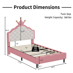 English Elm Twin Lovely Crown Fantasy PU Leather Princess Bed with Tufted Headboard, Soft Upholstery, Sturdy Design Pink 42 L x 22.5 W x 7.5 H N733P198760H