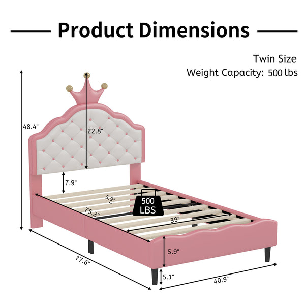English Elm Twin Lovely Crown Fantasy PU Leather Princess Bed with Tufted Headboard, Soft Upholstery, Sturdy Design Pink 42 L x 22.5 W x 7.5 H N733P198760H