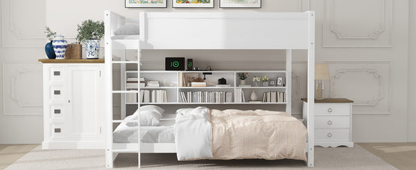 English Elm Queen Over Bunk Bed Solid Pine Cabin Frame with Storage and Usb Charging White GX000399AAK