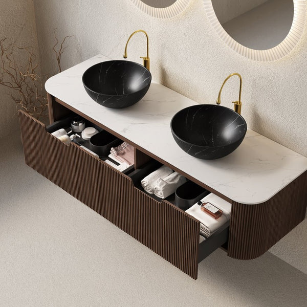 English Elm Dina 60 Inch Floating Bathroom Vanity Sintered Stone Top Dual Glass Basins Wood Grain Black,Carrara White,Dark Walnut W2615S00280
