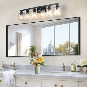 English Elm 37" Modern 6-Light Bathroom Vanity Fixture with Clear Glass Shades, Iron Frame, Hardwired Elegance Black W1340P206684