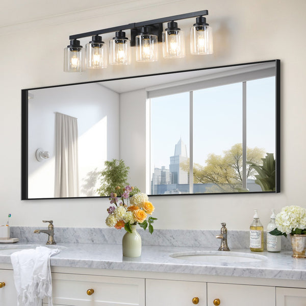 English Elm 37" Modern 6-Light Bathroom Vanity Fixture with Clear Glass Shades, Iron Frame, Hardwired Elegance Black W1340P206684