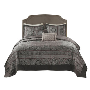English Elm 5-piece Queen Jacquard Bedspread Set with Leaf Ironwork Motifs Shams and Throw Pillows B035P408228