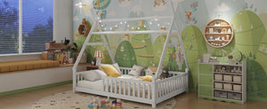 English Elm Twin Montessori Floor Bed House Frame with Led Lighting and Safety Rails for Kids White W2593P440589