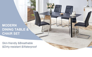 English Elm Table 5-Piece Set: Elegant Black Marble-Patterned Top With Stylish Stainless Steel Legs & Pu Chairs W1151S01959-GIGA