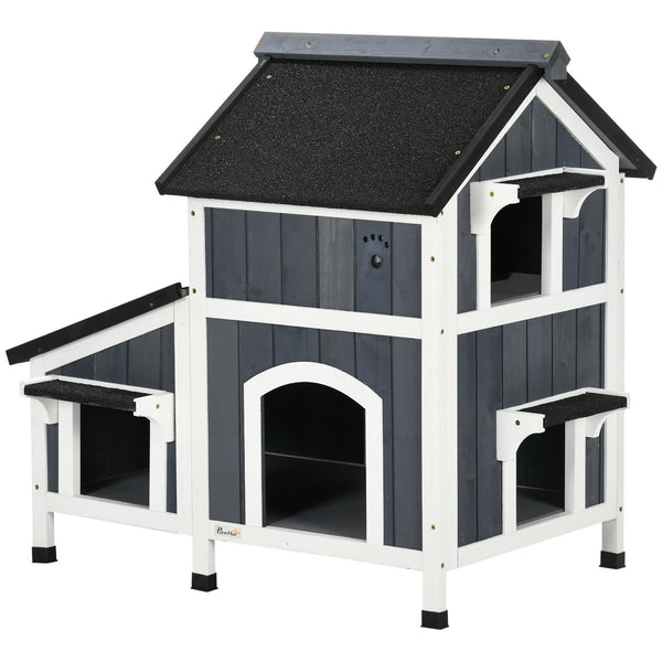 English Elm PawHut Weatherproof Outdoor Cat House with Raised Floor, Garden Planter & Multiple Entrances for Comfort and Play Gray W2225P217560