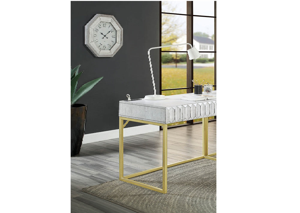 English Elm Transitional Two-tone Computer Desk with Matte Gold Metal Base, Lift-Top Work Surface and Concealed Drawer Storage Antique White 50 L x 28 W x 10 H B2741S00261