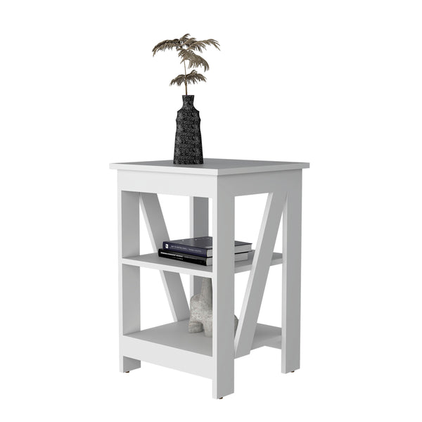 English Elm Clio modern auxiliary table with two open shelves for living room storage and decorative display, durable engineered wood White 34.65 L x 20.87 W x 3.15 H B128P189930