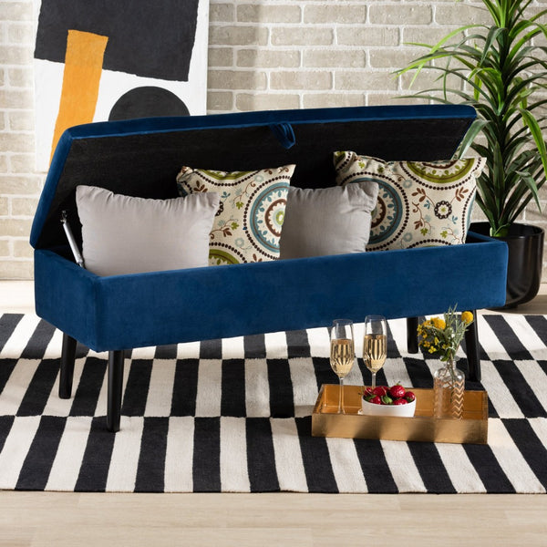 Baxton Studio Baxton Studio Caine Navy Blue Velvet Storage Bench with Dark Wood Frame - Modern Elegance & Comfort FZD020108-Navy Blue Velvet-Bench