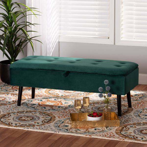 Baxton Studio Baxton Studio Caine Modern Velvet Upholstered Storage Bench with Button-Tufted Cushion and Wood Legs Green FZD020108-Green Velvet-Bench