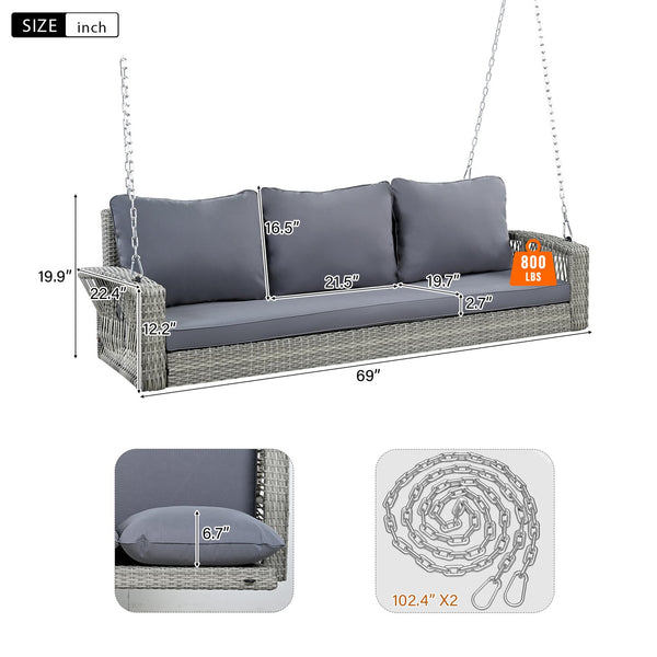 English Elm GO 69" PE Wicker 3-Person Porch Swing with 800lb Capacity, Cushioned Patio Bench for Backyard Relaxation Gray N704P250643E