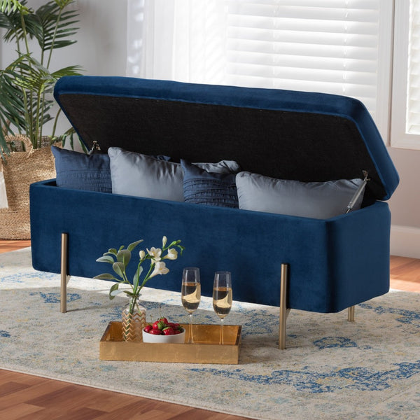 Baxton Studio Baxton Studio Luxe Navy Velvet Storage Bench with Gold Metal Accents for Chic Home Décor & Style FZD0223-Navy Blue Velvet-Bench