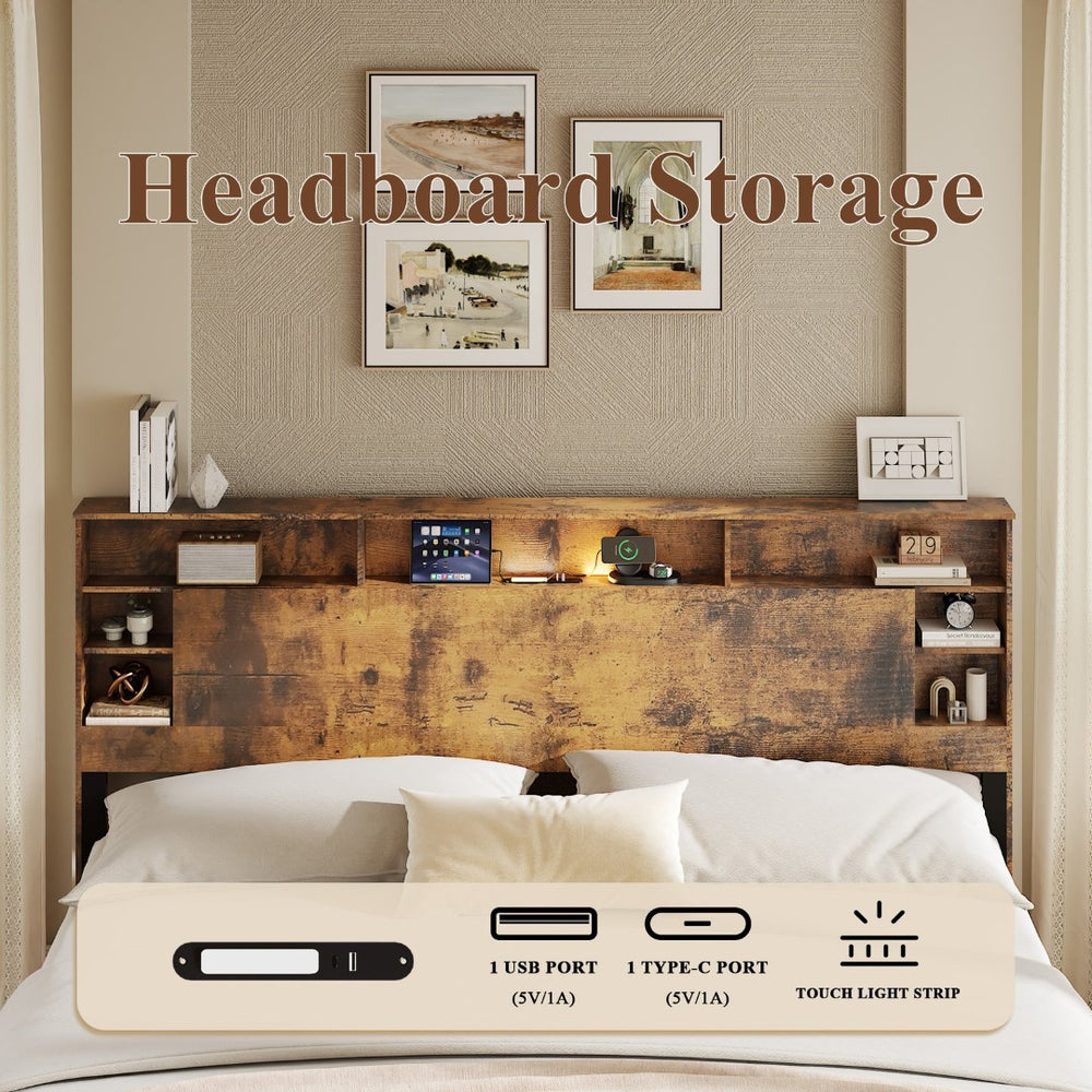 English Elm Wood Queen Platform Bed Bookcase Headboard with Led Lighting and Charging Station W636P444679