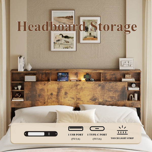 English Elm Wood Queen Platform Bed Bookcase Headboard with Led Lighting and Charging Station W636P444679