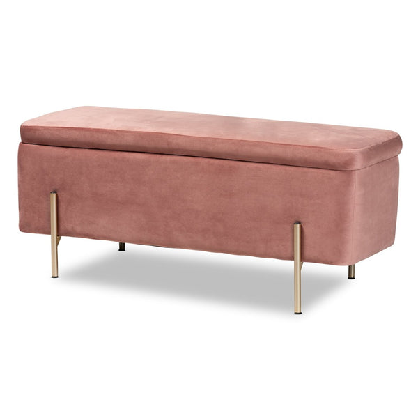 Baxton Studio Baxton Studio Luxe Blush Pink Velvet Storage Bench with Gold Legs – Glamorous Seating & Organizing Solution FZD0223-Blush Pink Velvet-Bench