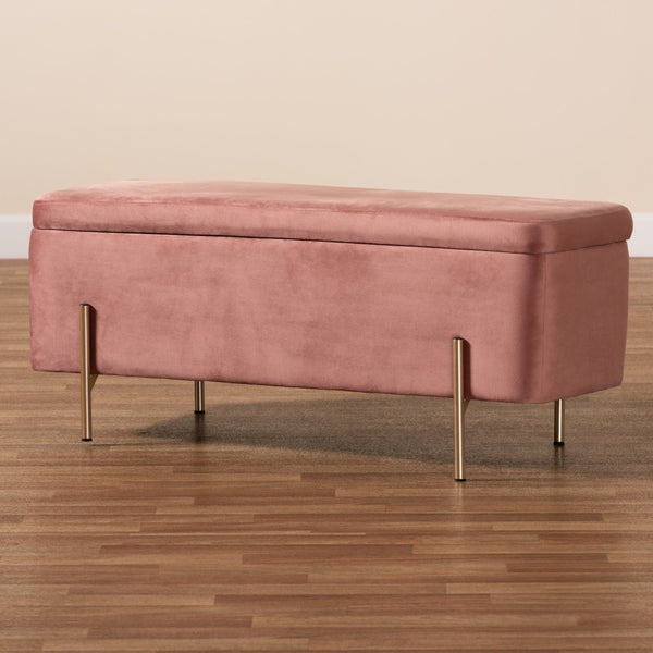 Baxton Studio Baxton Studio Luxe Blush Pink Velvet Storage Bench with Gold Legs – Glamorous Seating & Organizing Solution FZD0223-Blush Pink Velvet-Bench