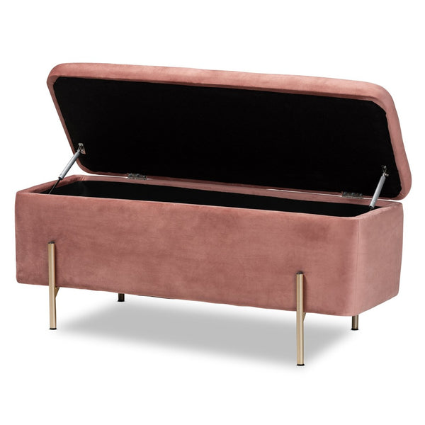 Baxton Studio Baxton Studio Luxe Blush Pink Velvet Storage Bench with Gold Legs – Glamorous Seating & Organizing Solution FZD0223-Blush Pink Velvet-Bench