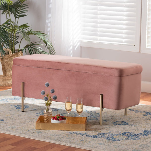 Baxton Studio Baxton Studio Luxe Blush Pink Velvet Storage Bench with Gold Legs – Glamorous Seating & Organizing Solution FZD0223-Blush Pink Velvet-Bench