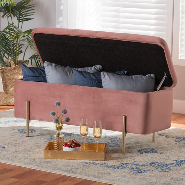 Baxton Studio Baxton Studio Luxe Blush Pink Velvet Storage Bench with Gold Legs – Glamorous Seating & Organizing Solution FZD0223-Blush Pink Velvet-Bench