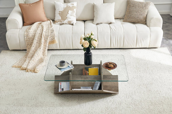 English Elm Tempered Glass Top Coffee Table with Carved Wood Grain Mdf Base and Open Storage W3875P387030