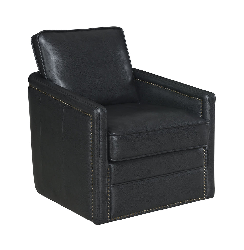 English Elm Rocha Black Leather Aire Swivel Glider Chair with Down Feather Cushions, Pocket Coil Support B2726P271001