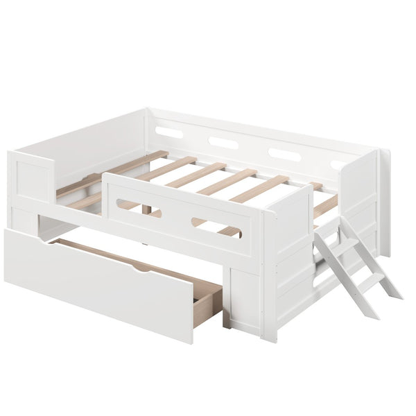 English Elm Wood Twin Platform Bed for Kids with Fence Guardrail and Under Storage Drawer White N709P385776K