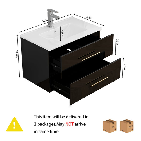 English Elm 30-Inch Sleek Black Gloss Wall-Mounted Bathroom Vanity With Integrated Sink & Easy Installation Options W3151S00054