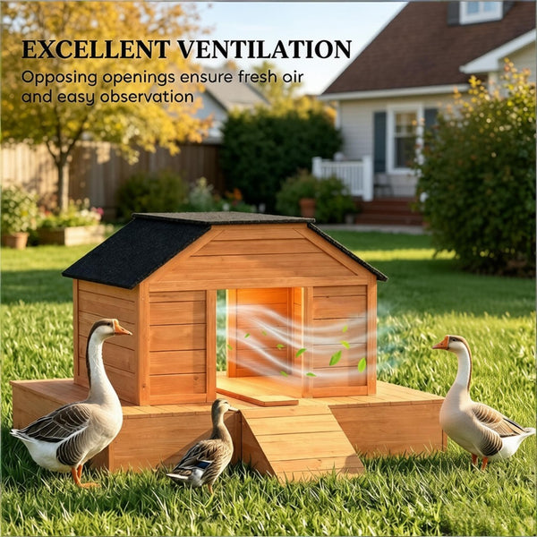 English Elm Poultry Floating Fir Wood Duck House with Asphalt Roof Ramp and Dual Ventilation Doors T3971P501996