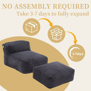 English Elm Big Corduroy Lounger Bean Bag with Ottoman Memory Foam Fill for Living Room Dark Gray W395P435355