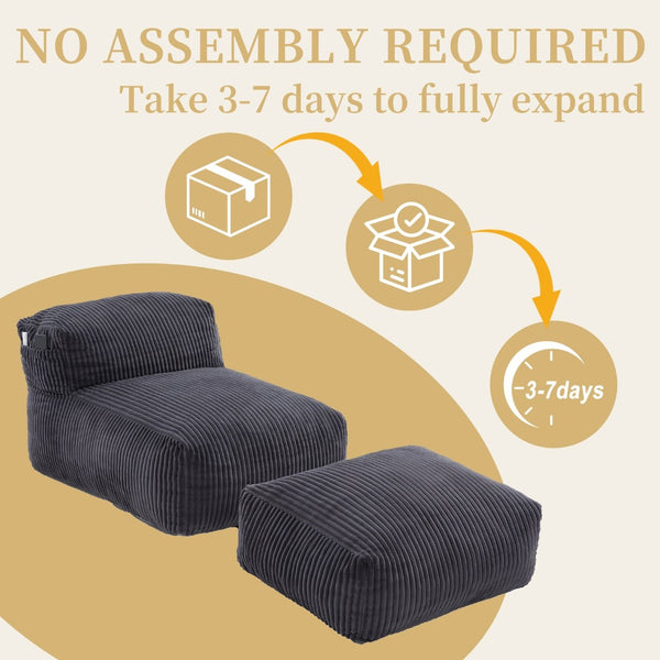 English Elm Big Corduroy Lounger Bean Bag with Ottoman Memory Foam Fill for Living Room Dark Gray W395P435355