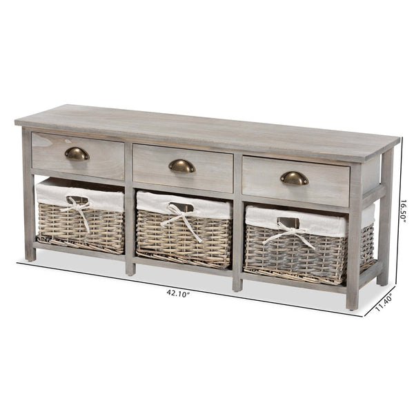 Baxton Studio Baxton Studio Mabyn Modern Light Grey Wood Storage Bench with Drawers & Wicker Baskets for Organization FZC200361-Light Grey-Bench