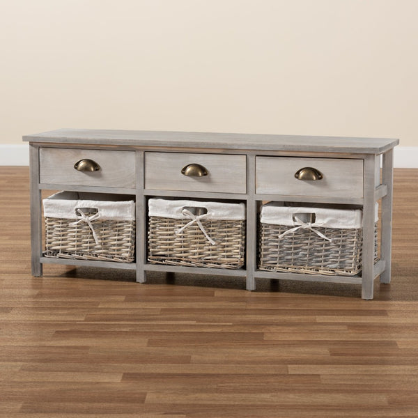 Baxton Studio Baxton Studio Mabyn Modern Light Grey Wood Storage Bench with Drawers & Wicker Baskets for Organization FZC200361-Light Grey-Bench