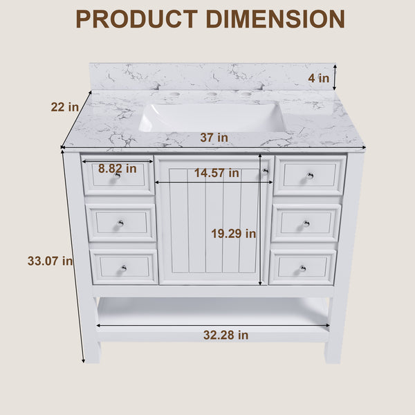 English Elm Modern 37" Bathroom Vanity With Elegant Carrara Marble Top, Storage Solutions & Quiet Operation W509S00137