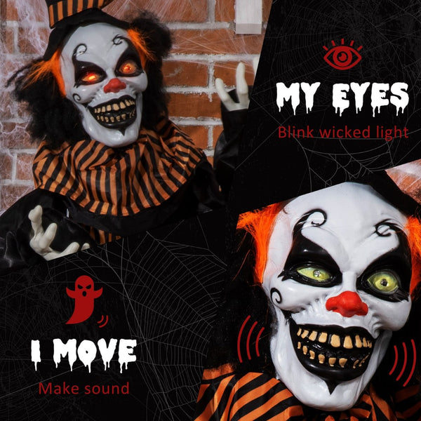 English Elm Outdoor Animatronic Clown Prop with Motion Sensing Light up Eyes for Halloween Haunts T3971P382662